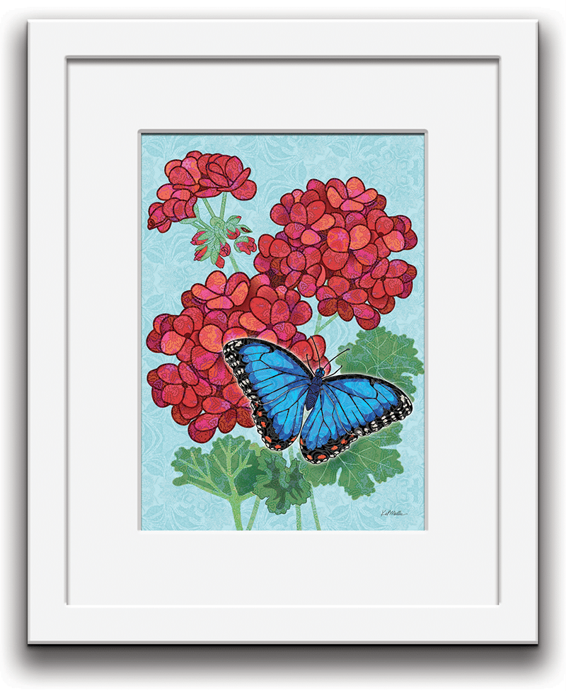 Geramium and Blue Morpho Butterfly in white frame