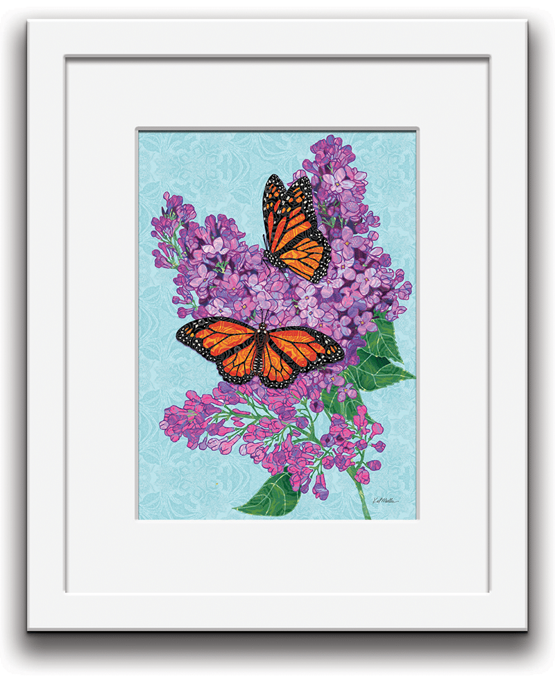 Lilacs and Monarch Butterflies in white frame