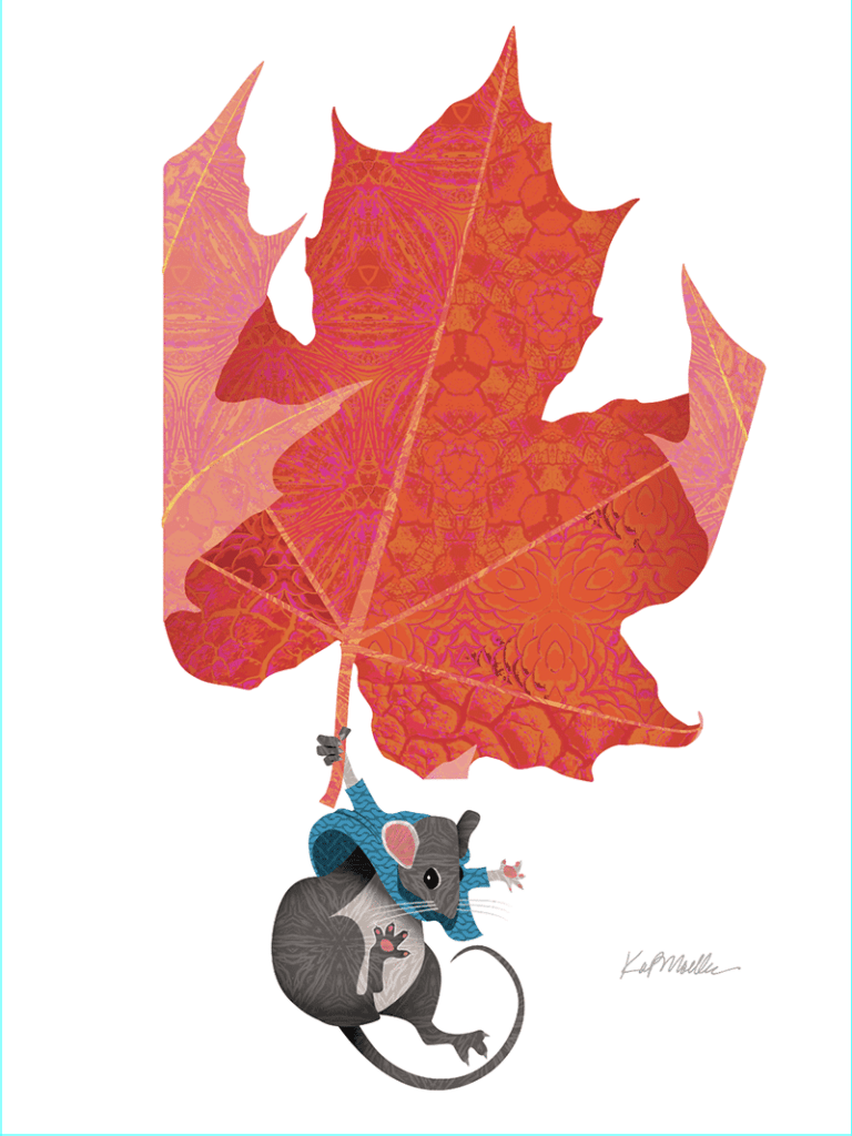 mouse using a maple leaf as a parachute