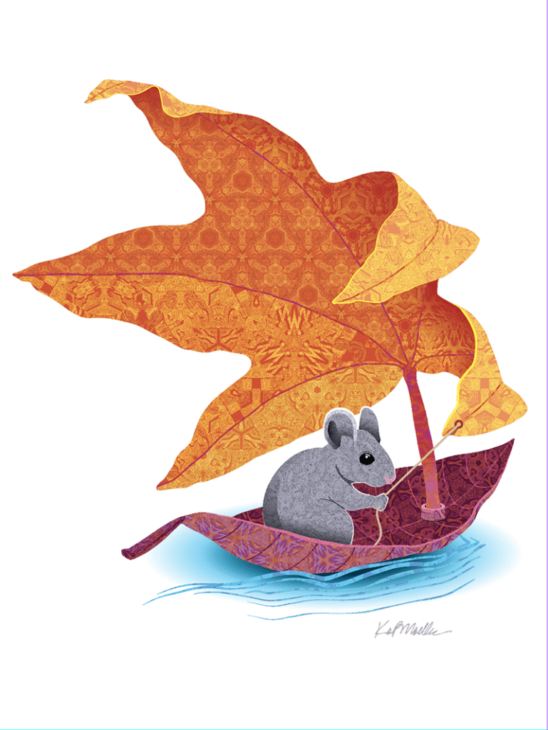 tiny mouse uses leaves for a boat and sail