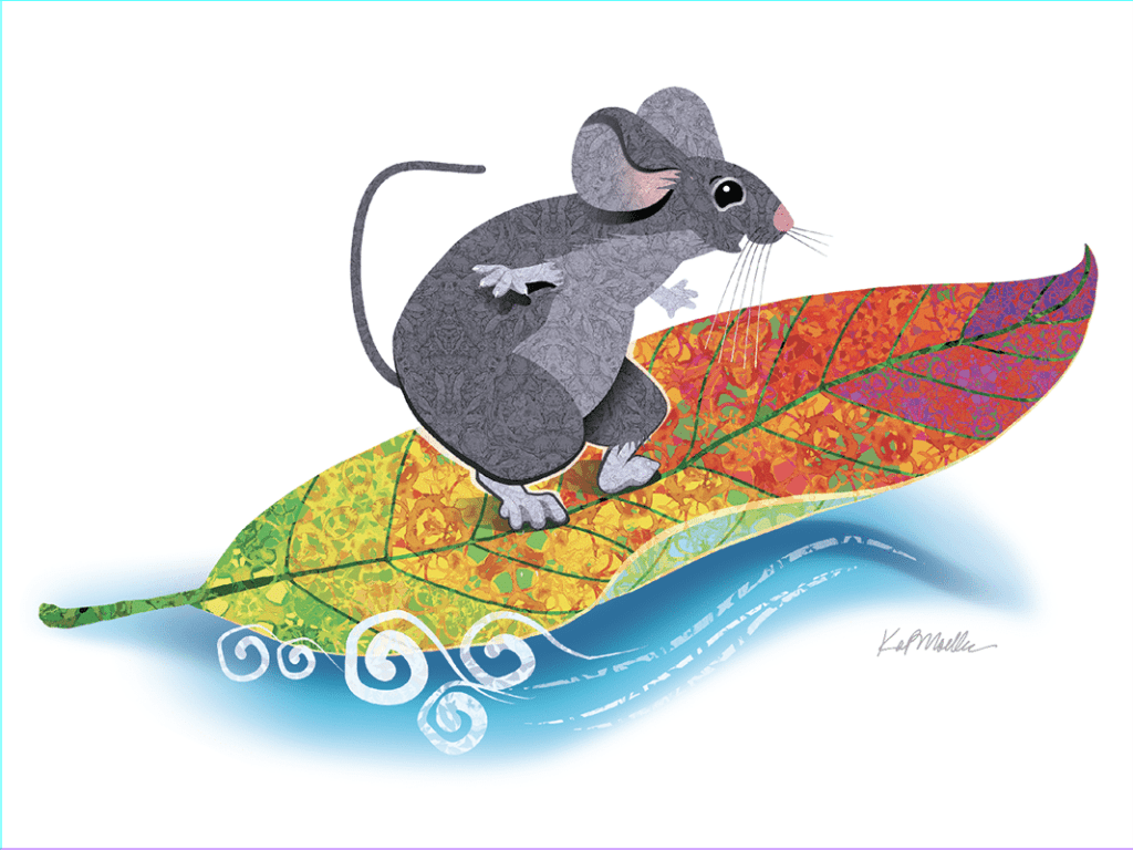 mouse using a leaf as a surfboard