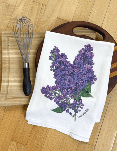 Lilacs with namedrop tea towel