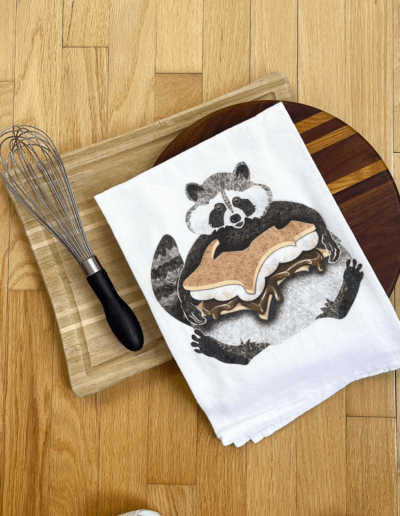 Raccoon and Upper Peninsula Smore tea towel