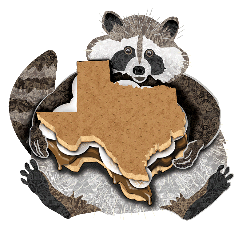 Raccoon holding state of Texas shaped s'more