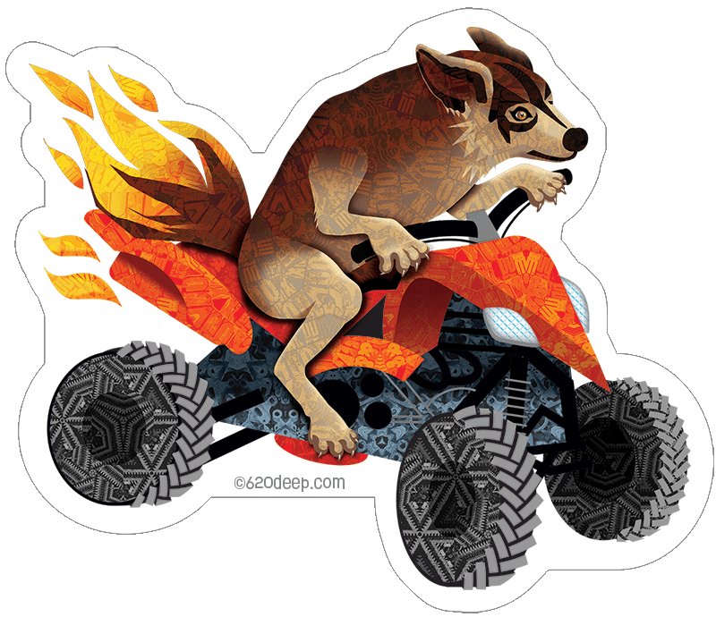 wolf with flaming tail on an ATV