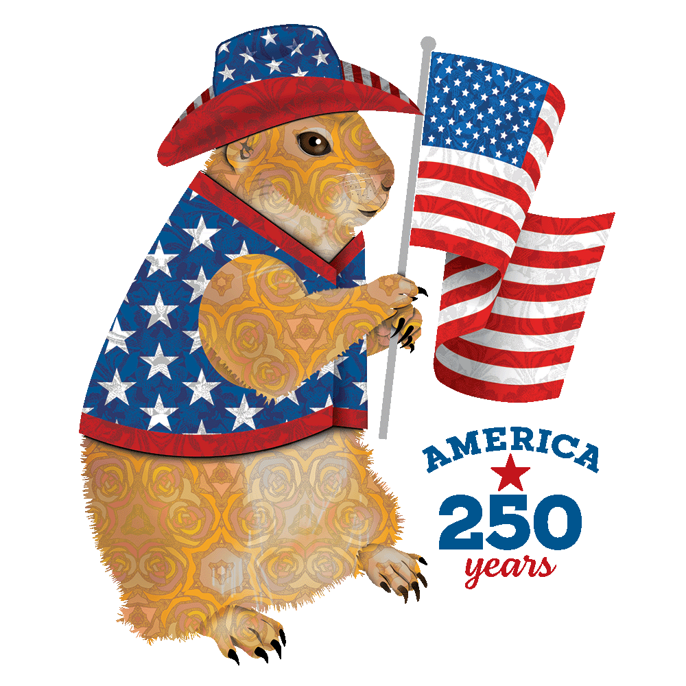 Prairie dog sporting a cowboy hat and vest waves American flag