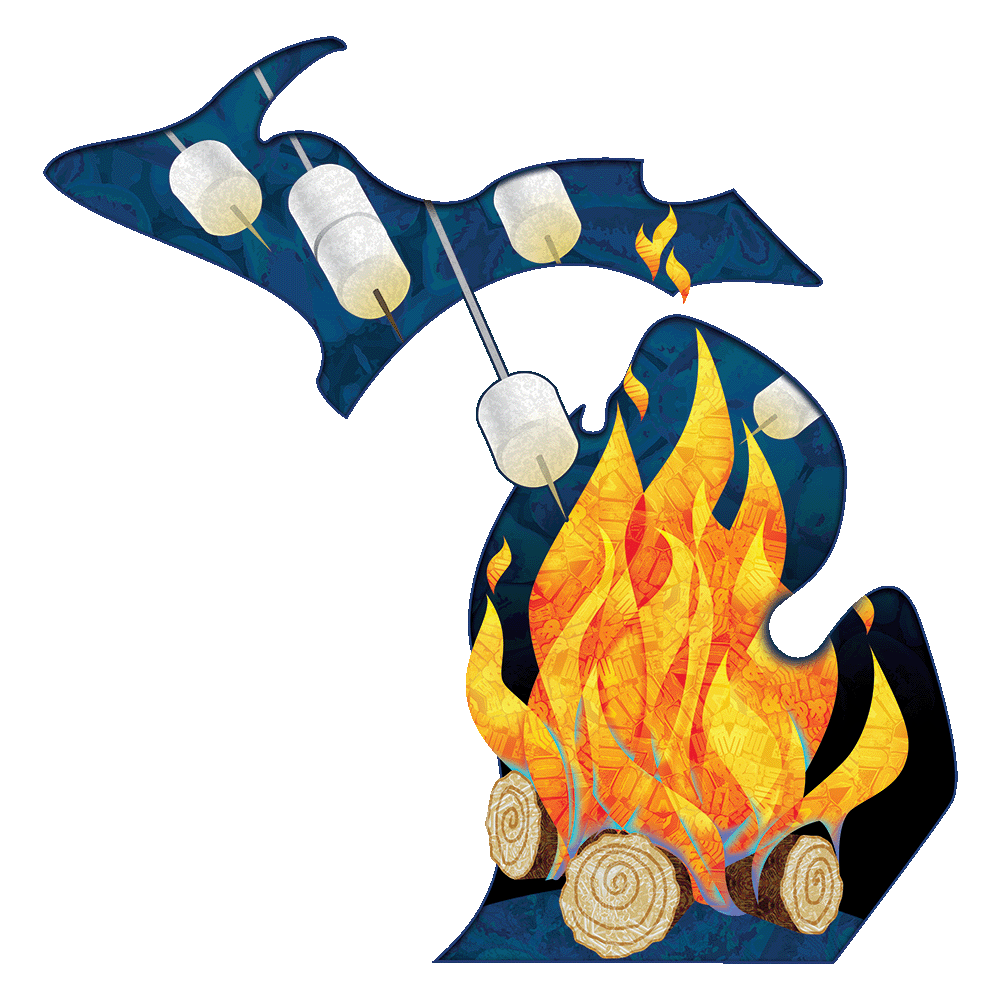 Toasting marshmallows over a campfire contained within the state shape of Michigan
