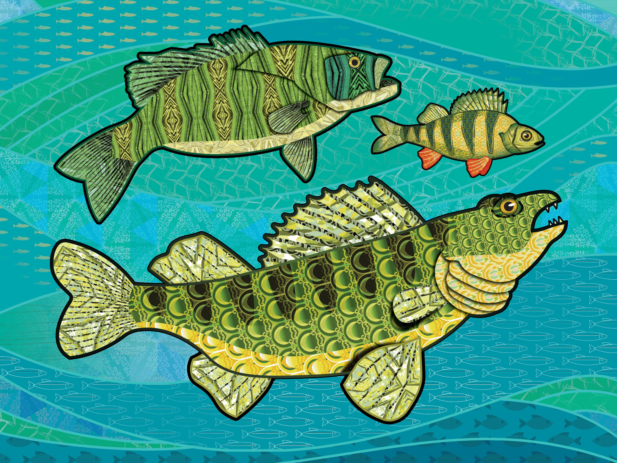 Art Print of three fish using analogous colors from yellow to bright turquoise